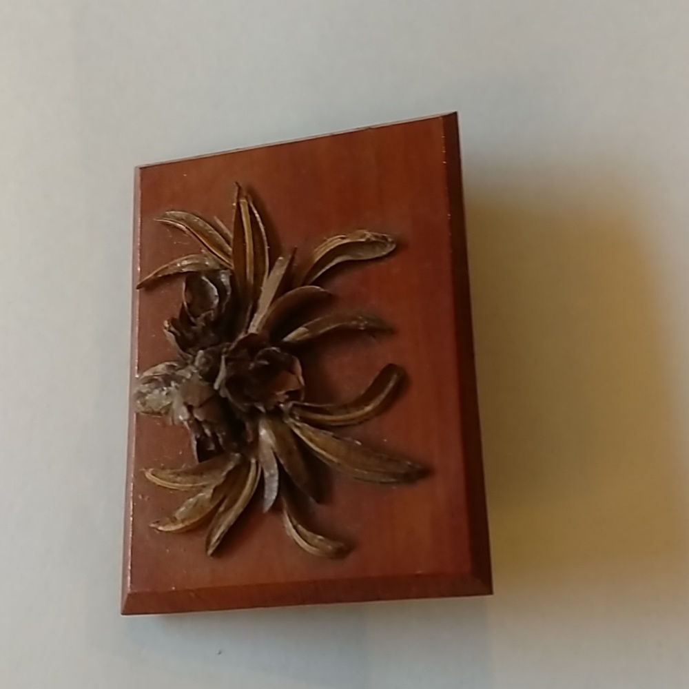 Vintage wood pin with acorn and flower pod design